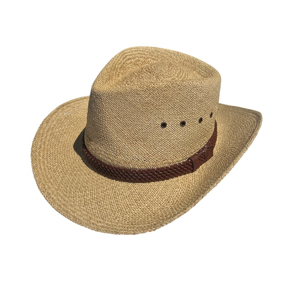 Genuine Panama Mens Size L/XL Hat, Braided Leather Decor, 3 Inch Brim